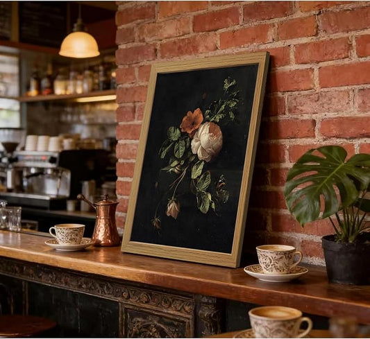 CXQILVER Framed Vintage Dark Floral Wall Art, Botanical Rose Canvas Print, Antique Still Life Flower Painting Rustic Dark Academia Wall Decor, Classical Floral Artwork for Bedroom Living Room 12x16in