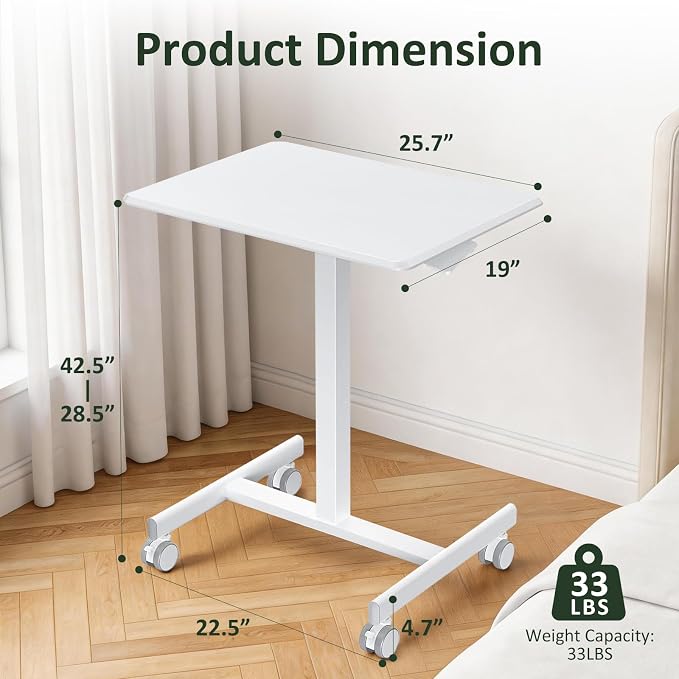 Mobile Standing Desk Adjustable Height, Rolling Sit-Stand Laptop Desk with Lockable Casters, Portable Compact Computer Table for Home Office Dorm, White