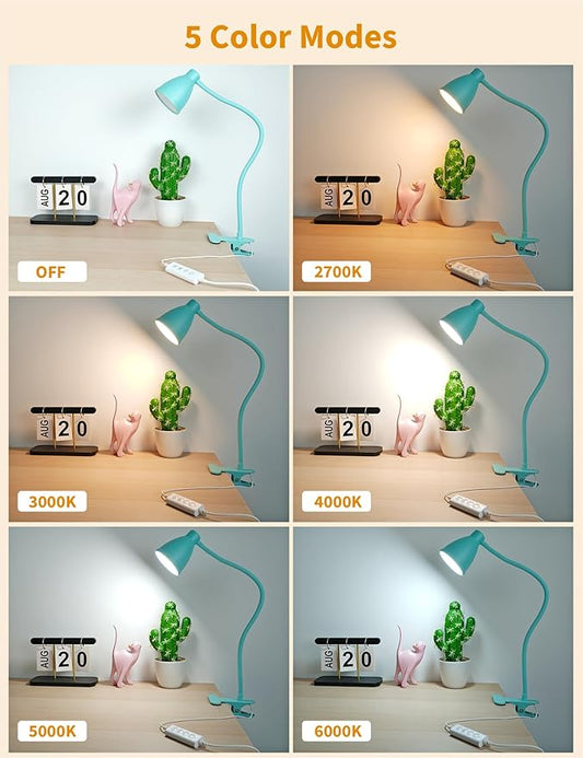 BOHON Desk Lamp with Clamp, Clip on Light, 5 Color 10 Brightness, Teal | 10W 38 LED Flexible Gooseneck Clip Lamp, Auto Off Timer, Desk Lights for Office Home Bed Bedside Reading, Adapter Include