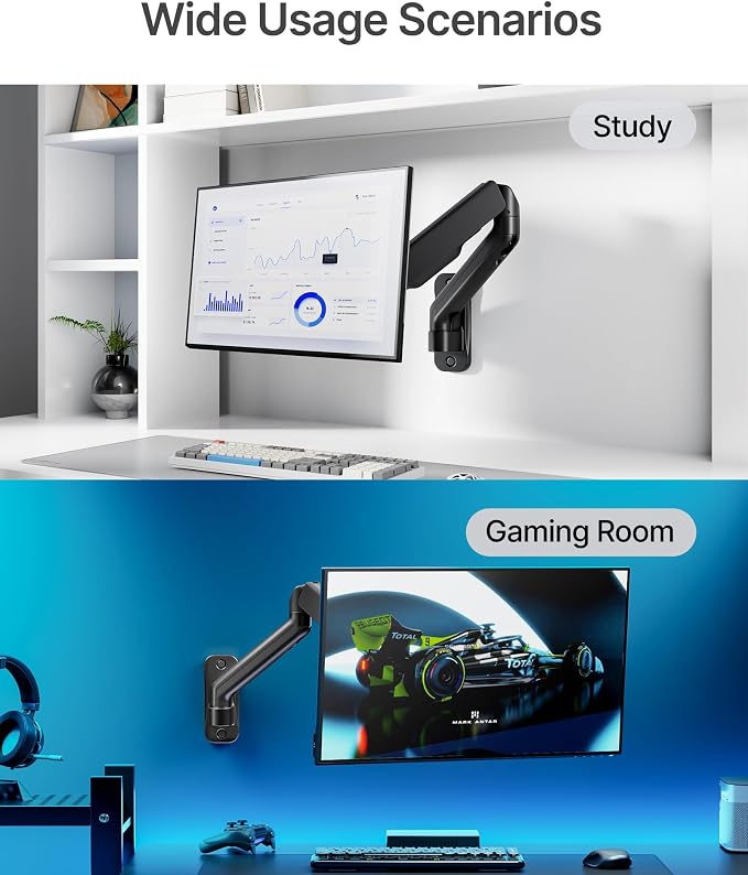 monTEK Single Monitor Wall Mount for 17 to 32 inch Flat/Curved Screens, Holds to 19.8 lbs, Full Motion Adjustable Mechanical Spring Monitor Arm, 75x75/100x100 VESA Wall Mount, Black