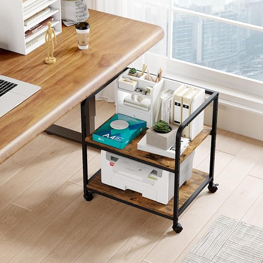 21"x15.8" Large Printer Stand with Storage, 2-Tier Under Desk Printer Table, Rolling Printer Cart with Lockable Wheels for Home, Office (Brown)