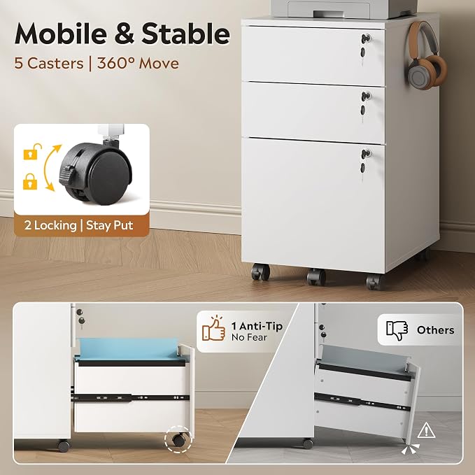 DEVAISE 3 Drawer Mobile File Cabinet with Individual Locks, Wood Filing Cabinet for Office, Under Desk Printer Stand with Wheels, Fits Letter/A4/Legal Size, White