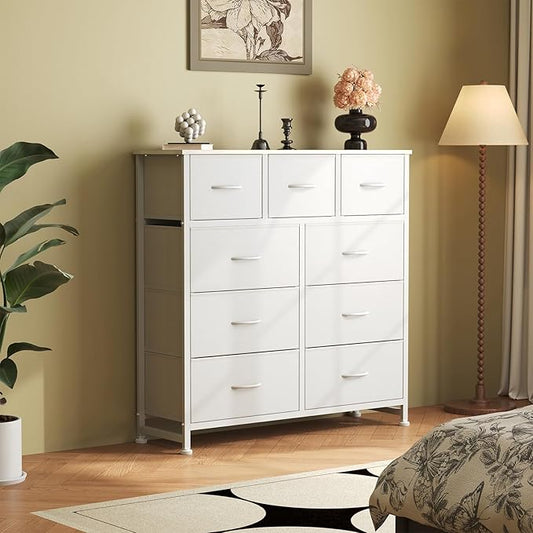 DUMOS Dresser for Bedroom, Storage Organizer with 9 Drawers, Chest of Drawers with Fabric Bins, Sturdy Metal Frame, Wood Tabletop for Guest Room, Closet, Entryway, White