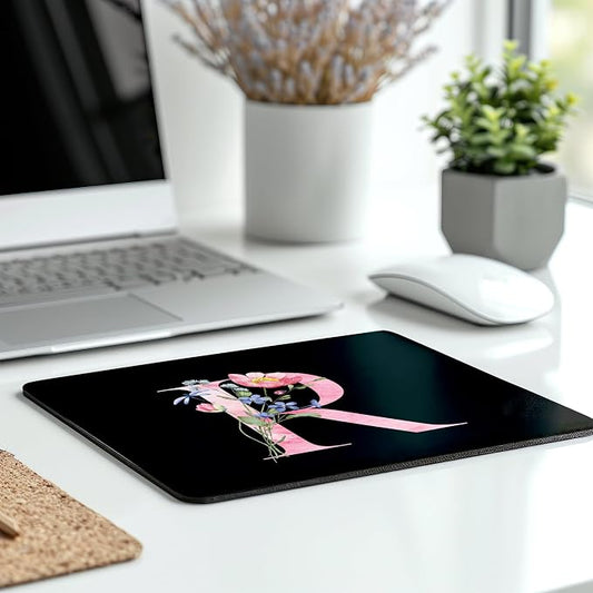 Mouse Pad Pinks Flowers Initial Letters Mousepad Desktop Laptop Computer Accessories Home Office Gaming Work Desk Computer Non-Slip Rubber Monogram Floral Alphabet A-Z mousepad (R)