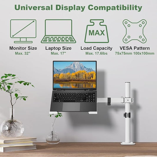 UPGRAVITY White Laptop Desk Mount with Vented Tray for Notebook up to 17 inch, Fully Adjustable Single Laptop Arm Stand Holds up to 17.6 lbs, Clamp on/Grommet Mounting