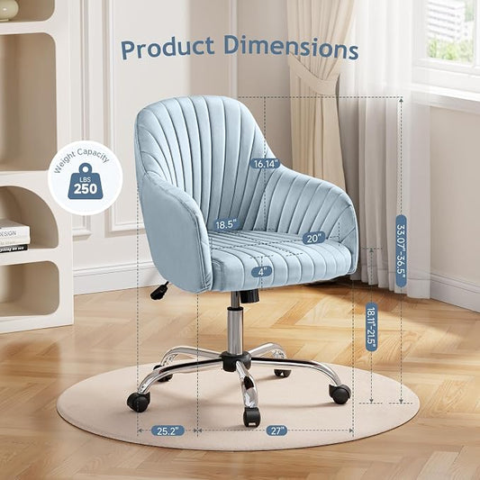 Warmiehomy Velvet Desk Chair for Home Office, Girls' Vanity Chairs with Arm Rest, Office Chair with Wheels, Computer Chair for Room, Velvet Dusk Blue