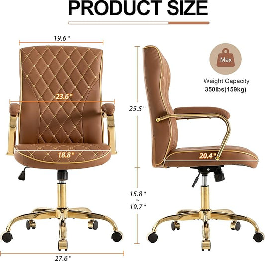 Brown and Gold Office Desk Chair,Conference Room Chairs,Mid Back Vintage Executive Leather Chair,Ergonomic Computer Swivel Chair with Rocking Function and Padded Arms,Adjustable Height