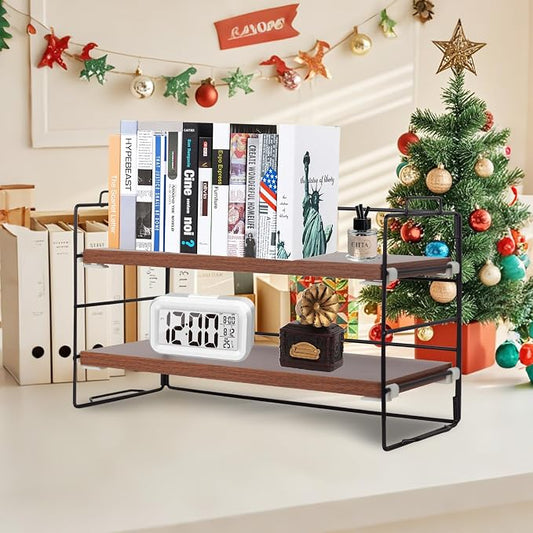 ShellKingdom Desk Shelf Organizer, 2 Tier Desktop Shelves, Adjustable Bookshelf Storage Rack and Office Cubicle Decor for Tabletop, School, Office, Dorm Organization (Black Frame + Wood Board)