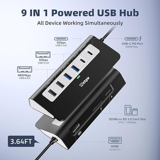 intpw USB C Hub, P9 USB C Hub Multiport Adapter with 4K HDMI, PD 100W, Type-C & 2 USB A 3.0 5Gbps, 2 USB A 2.0, SD/TF Card Reader, Aluminum USB Hub for Laptop, iPhone 17 Series, MacBook, iPad