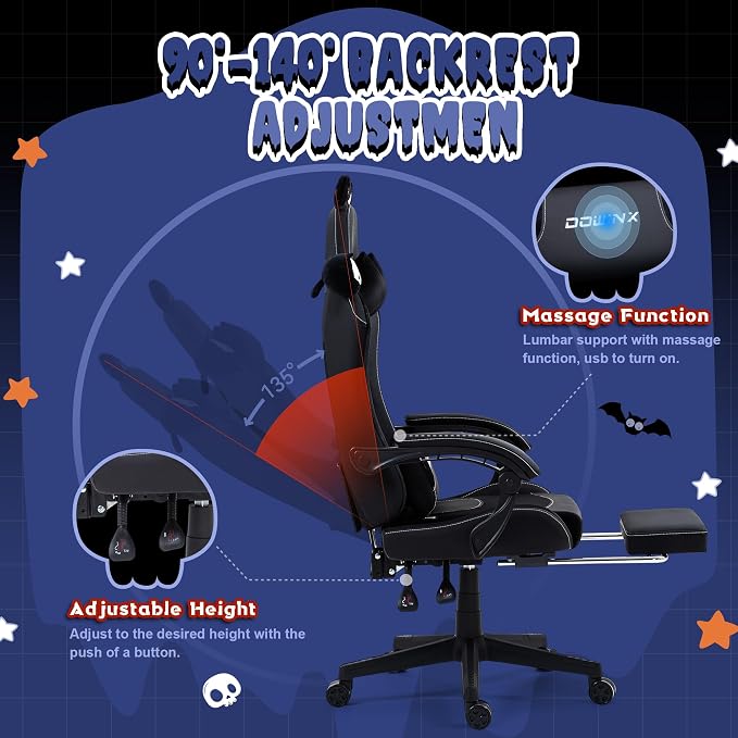 Dowinx Gaming Chair with Cat Ears and Massage Lumbar Support, Ergonomic Computer Chair with Footrest and Headrest, Comfortable Reclining Game Chair 290lbs for Adults, Black