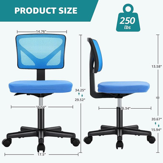 OLIXIS Armless Office Chair, Ergonomic Desk Chair with Wheels, Mesh Back, Removable Washable Foam Cushion, Height Adjustable Rolling Swivel Chairs for Small Space, Home, Office, Blue