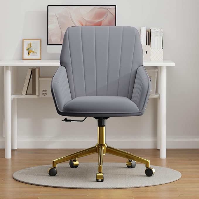 YISHENG Velvet Office Desk Chair with Gold Base, with Wheels,Modern Height Adjustable 360 Degree Swivel Upholstered Vanity Chairs with Arms for Living Room Bedroom,Gray