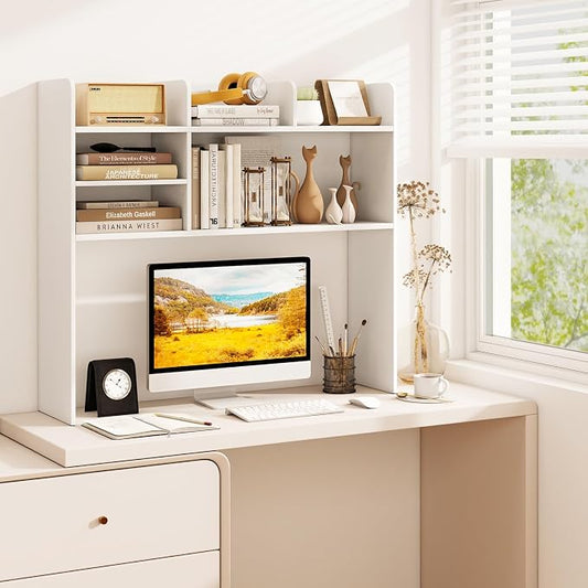 GOFLAME 6 Shelves Desktop Bookshelf, 37” Desk Hutch Dorm for Computer Monitor Up to 32”, 3-Tier Countertop Display Rack, Wood Desk Storage Organizer Shelf for Home Office, Study, White