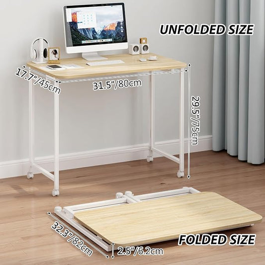 JSB Folding Desk for Small Spaces,Mobile Portable Rolling Laptop PC Table on Wheels,Foldable Computer Desk for Home Office,Bedroom,Dorm,Space Saving (Natural & White, 31.5")