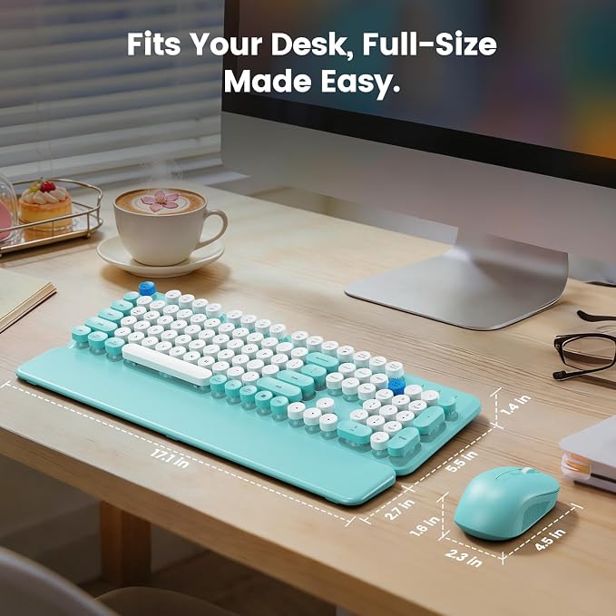Wireless Keyboard and Mouse Combo with Magnetic Wrist Rest, Round Keycaps, Full-Size Retro Typewriter-Style Keyboard, Two-Stage Tilt Legs, Auto-Sleep, 2.4GHz Wireless for Windows PC Laptop, Aqua Blue