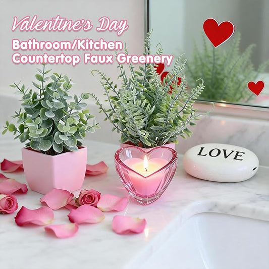 summer flower 2 Pack Small Fake Plants in Pink Pot Artificial Plant Eucalyptus Faux Potted Greenery Wheal Grass for Home Decor Indoor Bathroom Office Desk Shelf Bedroom Kitchen Cabinet Decorations