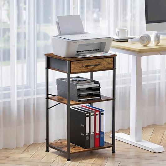 Small Printer Stand with Fabric Drawer & Storage Side Table | Sturdy compact build, works as nightstand end table & accent table. Ideal for bedroom living room & home office daily storage