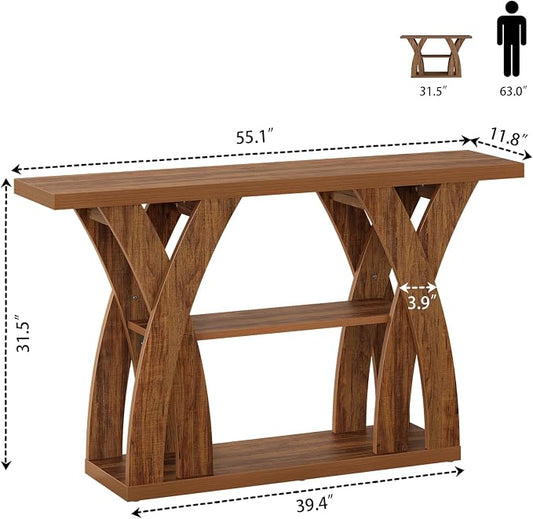 55 inch Farmhouse Entryway Table, Console Table with 3-Tier Storage, Rustic Striped Brown X-Shaped Narrow Entry Table for Behind Couch, Living Room, Hallway, Foyer