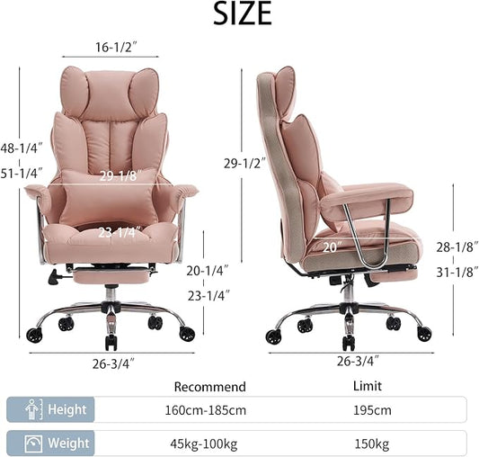 Efomao Big and Tall Office Chair, 400lbs Heavy Duty High Back Executive Chair with 23.6" Extra Wide Seat, PU Leather Desk Chair with Footrest and Padded Armrests, Pink