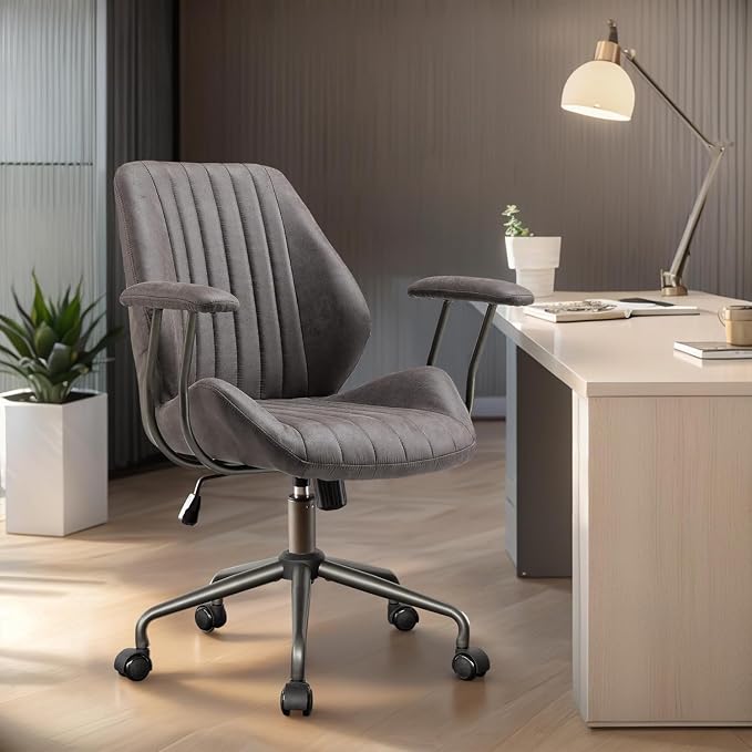 Home Office Chair,Ergonomic Computer Chair with Lumbar Support Adjustable Height,Mid-Century Modern Office Chair with Rolling Swivel Chair for Home Office Game Study(Suede Mid Back Chair,Gray)