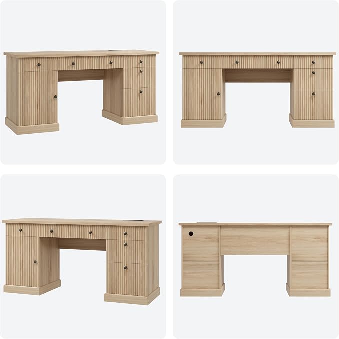 Garvee 60" Office Desk with Storage & Drawers, Fluted Wood Executive Desk with File Drawer & Charging Station, Modern Computer Desk with Adjustable Shelves for Home Office, Oak