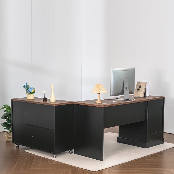 60" Farmhouse Executive Desk and 40" Mobile File Cabinet Combination,L Shaped Executive Desk with Charging Station,Home Office Desk for Office Work,Home Study