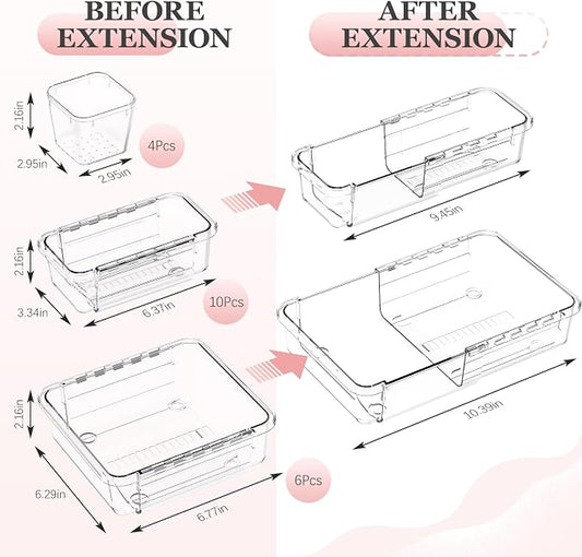 DILIBRA 20 Pcs Clear Extendable Drawer Organizer, Adjustable Drawer Storage 3-Size Desk Drawer Organizer, Plastic Non-Slip Storage Bins for Makeup Cosmetic Jewelries Utensils Stationery Dressers Tool