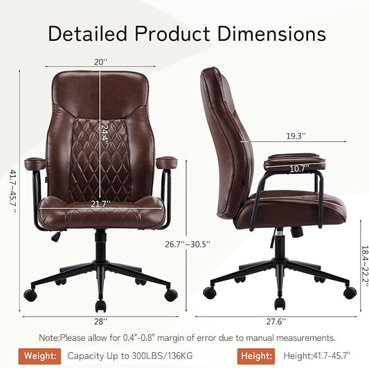 Furniliving Leather Office Chair, Comfy Home Office Desk Chair, Mid Century Modern Office Chair with Lumbar Support, Mid-Back Adjustable Swivel Computer Chair with Wheels and Arms, Dark Brown