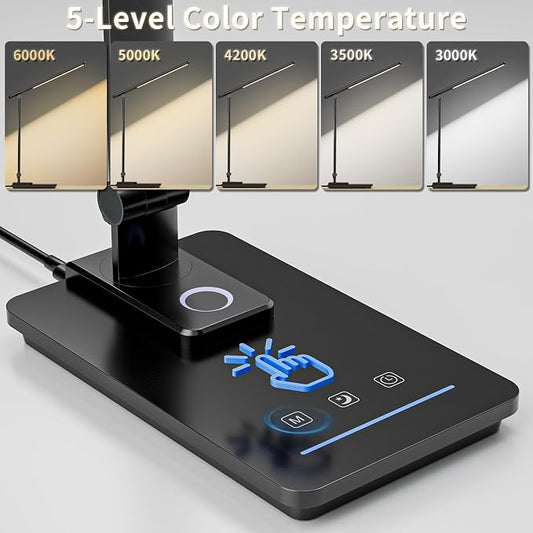 ELECTRI LED Desk Lamp, Touch Desk Light with USB Port, 5 Color & Stepless Dimming, 360° Rotatable & Foldable, Reading Lamp for Table Study Work Office Nail Craft Puzzle(with Adapter) (Black)