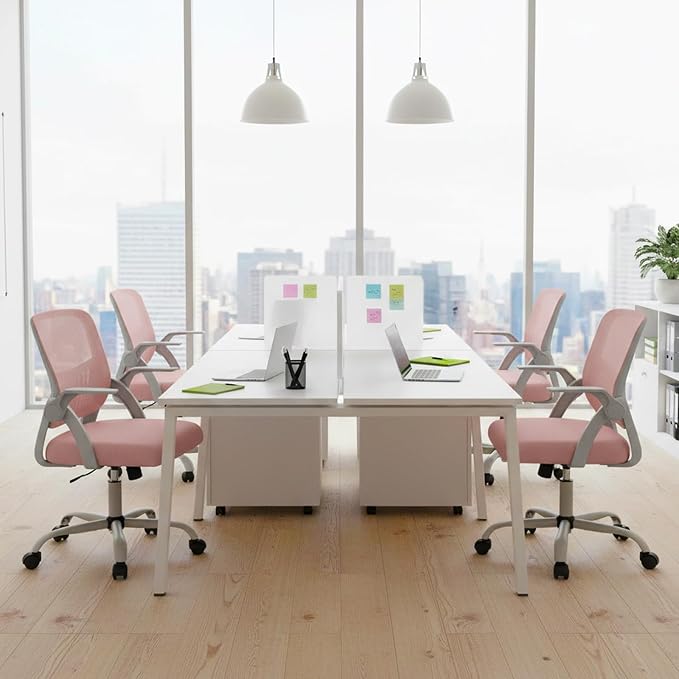 DUMOS Home Office Computer Chair - Ergonomic Mid Back Desk with Lumbar Support and Rocking Mode, Height Adjustable with Flip-up Armrest, for Conference Meeting Room, 360° Swivel, Adults, Pink