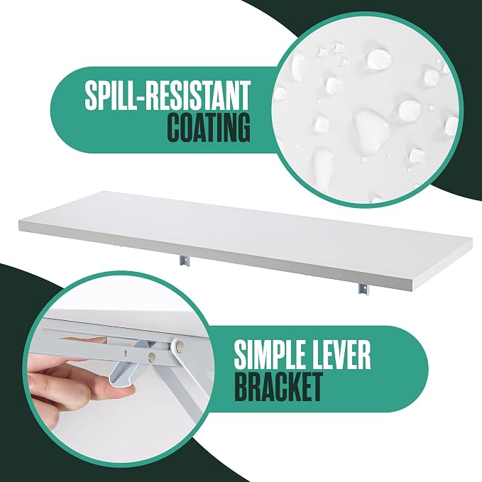 Houseables Wall Mounted Desk, Murphy Desk, Wall Mounted Folding Table, Laundry Folding Table, Fold Down Work Bench, Foldable Mount Station, Floating Bar, Hanging, Dining, Kitchen, Clothes, 48x16 White