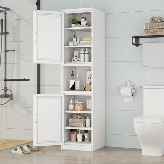 Ckzbx Tall Narrow Storage Cabinet 66.93" H Tall Bathroom Cabinets Metal Pantry Cabinet, 4 Adjustable Shelves for Kitchen, Home Office, Living Room, Dinning Room (16 inches Wide White)