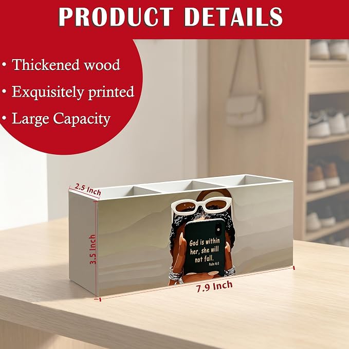 Inspirational Christian Black Girl Woman Makeup Brush Toothbrush Holder, African American Gifts, God is Within Her Bible Verse Wood Signs Pen Pencil Holder Organizer Desk Accessories