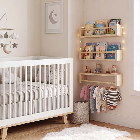 Fixwal Nursery Shelves, 16.5 Inch Floating Bookshelves for Wall Set of 3, Baby Nursery Decor, Solid Wood Wall Mounted Shelves for Books (Natural Wood)
