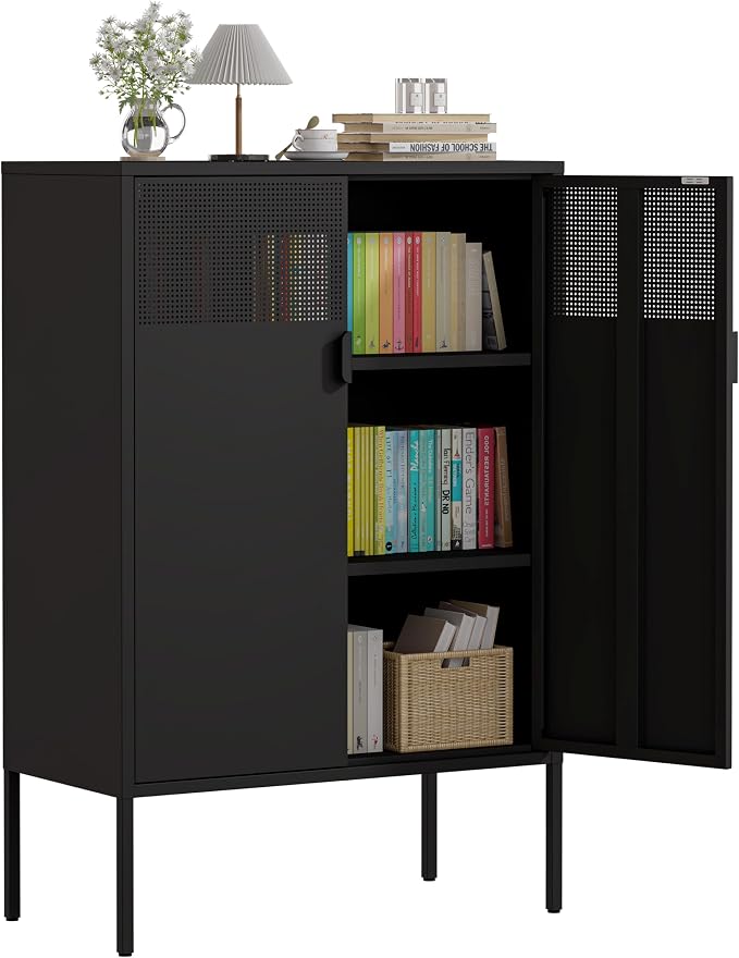 2 Mesh Door Metal Storage Cabinet with Adjustable Shelves, 3 Tier Steel Office Storage Cabinet 47''H Multipurpose Black Storage Cabinet, Metal Locker Storage Cabinet for Office, Home, Hallway