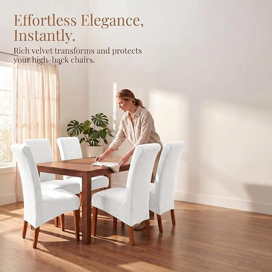 Deisy Dee Stretch XL/Oversized Extra Large Velvet Dining Room Chair Covers for Kitchen Dining,Removable Washable Chair Protectors Slipcovers (Off White, 4)