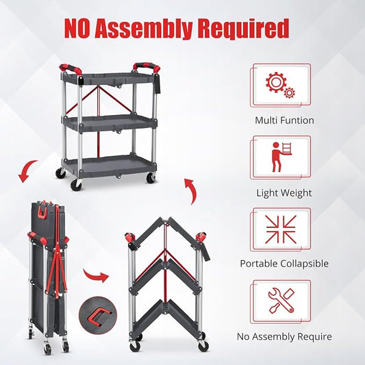 PioneerWorks Folding Utility Service Cart, Collapsible Cart with Wheels, 3 Tier Rolling Utility Cart, Folding Cart with Wheels Collapsible, Service Cart for Tool, Grocery, Bar, Kitchen, Office