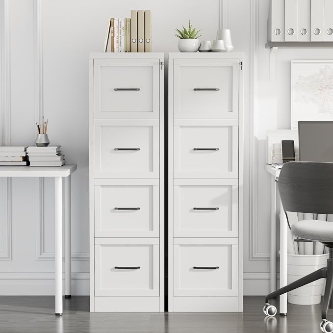 Small Metal 4-Drawer File Cabinet, Under-Desk Filing Cabinet, White | Locking, Adjustable Hanging Rail, Fit A4, FC, Letter, Hanging File Folders for Home Office Storage Organization, 2PS