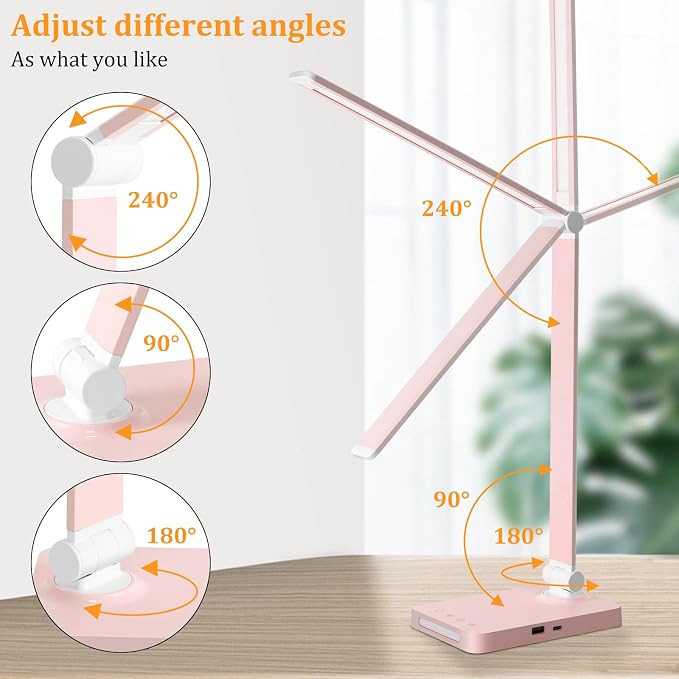 LED Desk Lamp with USB Ports,Touch Desk Lamps for Home Office with 5 Color Modes,3 Brightness Desk Light with Small Night Light,Reading Lamp Table Lamp for Bedroom Bedside Study Pink (with adapter)