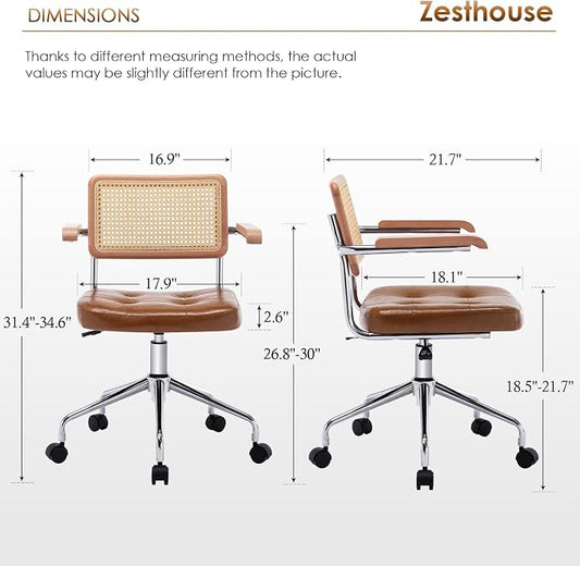 Zesthouse Leather Office Desk Chair with Wheels, Mid Century Rolling Desk Chair with Wood Arm & Natural Rattan Back, Modern Swivel Home Office Chair, Small Height Adjustable Computer Task Chair, Brown