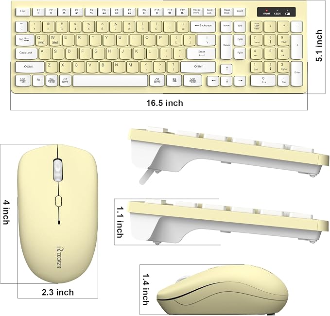Wireless Keyboard and Mouse Combo, Full-Sized Wireless Keyboard and Adjustable DPI Mouse, 2.4GHz USB Receiver, Keyboard and Mouse for PC, Windows, Desktop, Laptop (Canary Yellow)