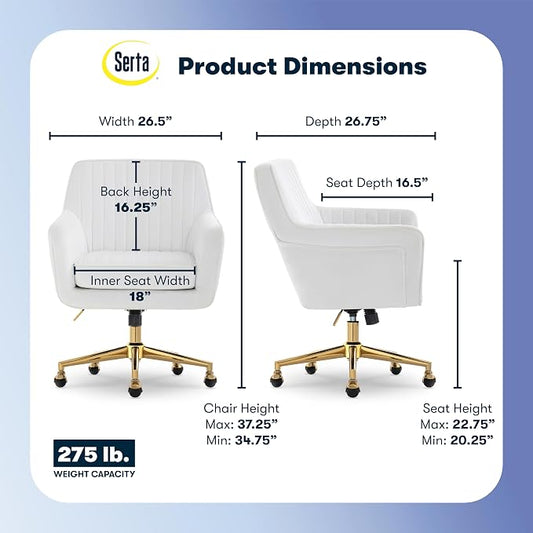 Serta Ashleigh Modern Office Chair, Channel-Tufted Design, Pocket Coil Seat Cushion, Stylish Mid-Century Accent Armchair, Women's Vanity or MakeupChair, Polished Gold Swivel Base, White Velvet Fabric