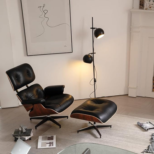 Mid Century Chaise Lounge Chair with Ottoman, Ultra Premium Aniline Leather Reading Chair, Modern Chair Classic Design, Heavy Duty Base Support for Living Room Study Lounge Office, Palisander Black