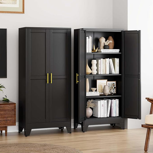 pozdeg 61" Tall Metal Storage Cabinet with 2 Doors & 3 Adjustable Shelves, Steel File Cabinet Multipurpose Organizer for Home Office Garage (Black)