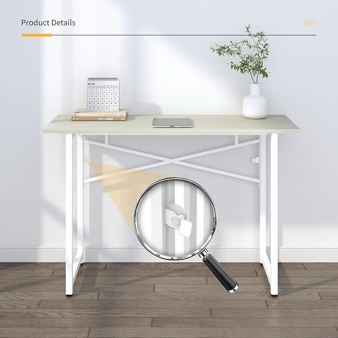 Lutown-Teen 47 inch Folding Desk, Writing Gaming Computer Camping Table, No Assembly Required Home Office Desk, Natural and White
