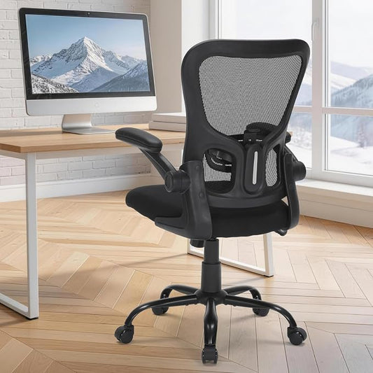 Ergonomic Mesh Office Chair with Adjustable Lumbar Support, Flip-Up Arms & Rolling Swivel Base, Breathable Computer Desk Chair for Home Office, Study & Remote Work, Black