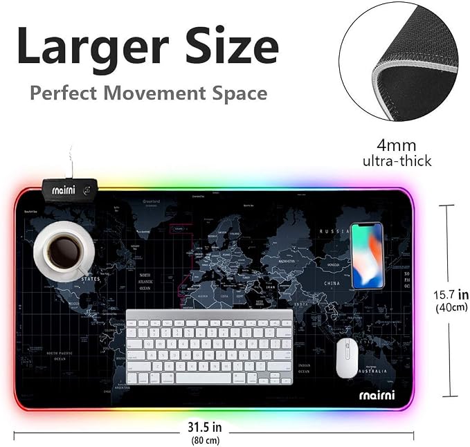 Extended RGB Gaming Mouse Pad, Extra Large Gaming Mouse Mat for Gamer, Waterproof Office Desktop Mat with 10 Lighting Mode, for PC Computer RGB Keyboard Mouse - 31.5'' x 15" x 4mm(Map)
