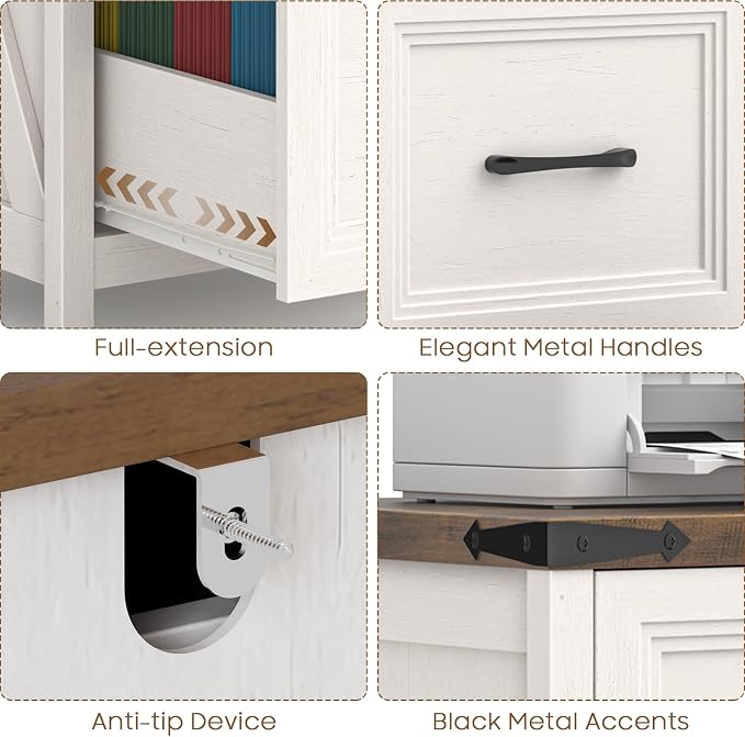 Vabches 2 Drawer Vertical File Cabinet, Wood Farmhouse Filing Cabinet Fits A4/Letter Size, Under Desk Small File Cabinets Printer Stand with Storage for Home Office, White and Brown