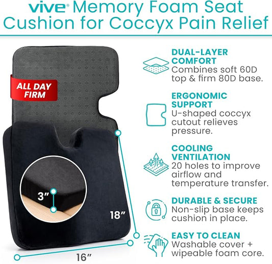 Vive Tailbone Cushion, Memory Foam Seat for Pain Relief, Sciatica, Coccyx & Back Support for Office Chair, Car, Wheelchair & Airplane, Water-Resistant Cover, 2-Layer Foam Comfort, Wheelchair (Black)
