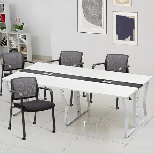CLATINA Rolling Conference Room Chairs Set of 8, Stackable Office Guest Reception Chair with Armrests and Wheels, Mesh Back Waiting Room Stools for Office, School, Lobby, Church, Black